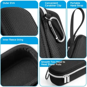 Black hard EVA case designed to protect the Anker Prime 250W 27650mAh power bank, featuring dual mesh pockets, a hand strap, and a carabiner clip for convenient and secure travel.