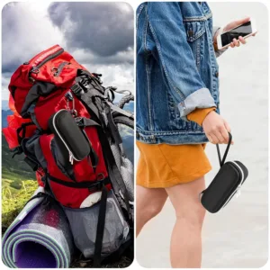 Black hard EVA case designed to protect the Anker Prime 250W 27650mAh power bank, featuring dual mesh pockets, a hand strap, and a carabiner clip for convenient and secure travel.