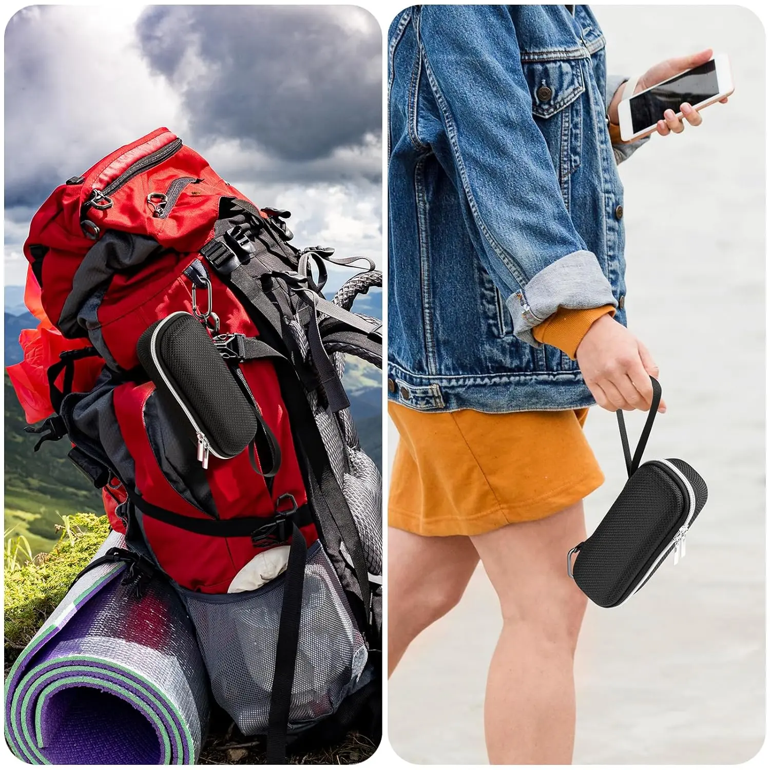 Black hard EVA case designed to protect the Anker Prime 250W 27650mAh power bank, featuring dual mesh pockets, a hand strap, and a carabiner clip for convenient and secure travel.