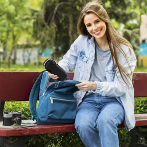 Black hard EVA case designed to protect the Anker Prime 250W 27650mAh power bank, featuring dual mesh pockets, a hand strap, and a carabiner clip for convenient and secure travel.