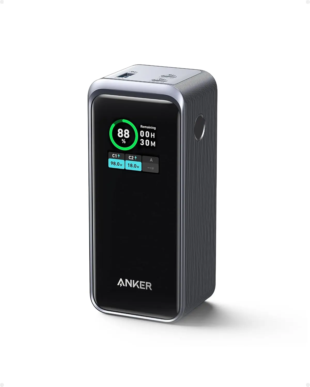 This is an Anker Prime 20000mAh power bank featuring a smart digital display and multiple ports, capable of charging laptops and mobile devices at high speeds.