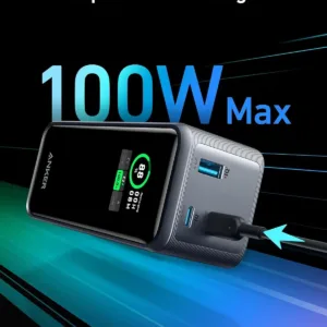This is an Anker Prime 20000mAh power bank featuring a smart digital display and multiple ports, capable of charging laptops and mobile devices at high speeds.