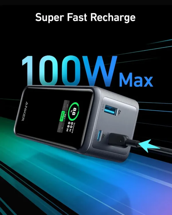 This is an Anker Prime 20000mAh power bank featuring a smart digital display and multiple ports, capable of charging laptops and mobile devices at high speeds.
