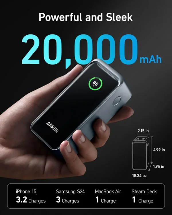 This is an Anker Prime 20000mAh power bank featuring a smart digital display and multiple ports, capable of charging laptops and mobile devices at high speeds.