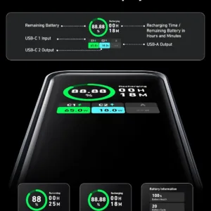 This is an Anker Prime 20000mAh power bank featuring a smart digital display and multiple ports, capable of charging laptops and mobile devices at high speeds.