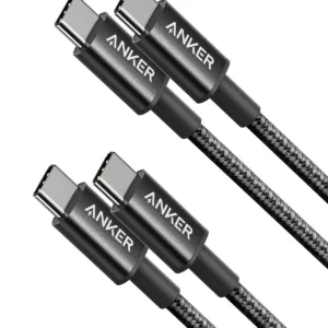 This image shows a two-pack of black Anker USB-C to USB-C charging cables, each 3.3 feet long, designed for fast charging of USB-C devices like iPhones and iPads with up to 60W power delivery, and featuring a durable nylon braided exterior.