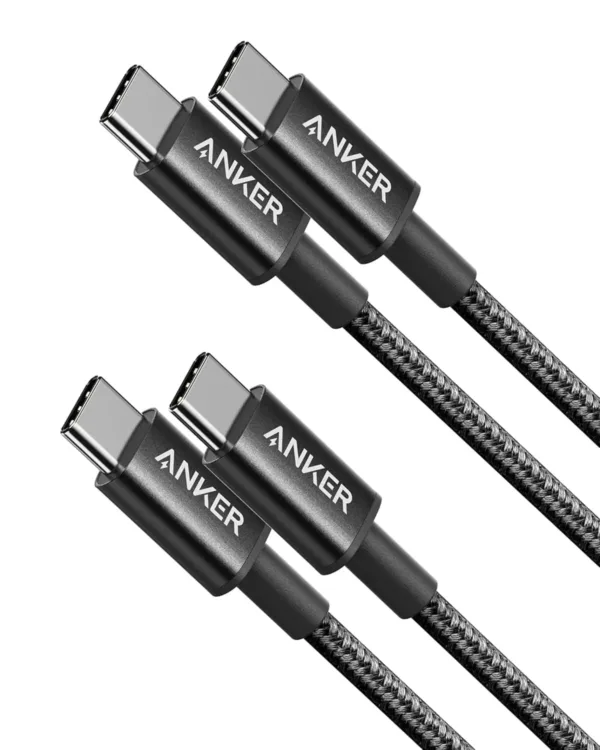 This image shows a two-pack of black Anker USB-C to USB-C charging cables, each 3.3 feet long, designed for fast charging of USB-C devices like iPhones and iPads with up to 60W power delivery, and featuring a durable nylon braided exterior.
