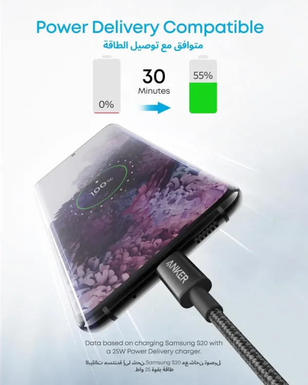 This image shows a two-pack of black Anker USB-C to USB-C charging cables, each 3.3 feet long, designed for fast charging of USB-C devices like iPhones and iPads with up to 60W power delivery, and featuring a durable nylon braided exterior.