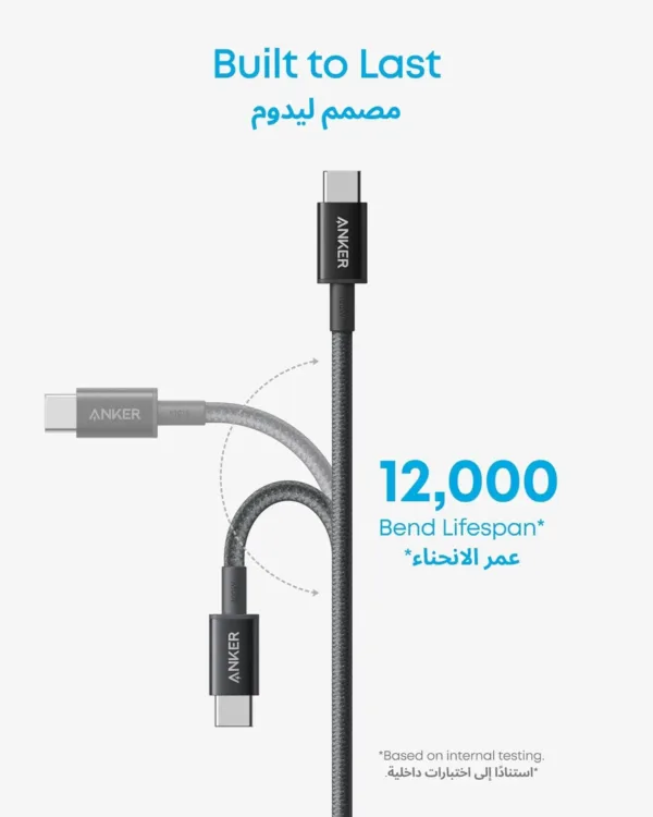 This image shows a two-pack of black Anker USB-C to USB-C charging cables, each 3.3 feet long, designed for fast charging of USB-C devices like iPhones and iPads with up to 60W power delivery, and featuring a durable nylon braided exterior.