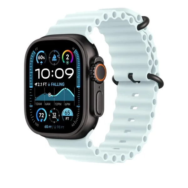 This ice blue Apple Watch band is made of high-performance fluoroelastomer with compression-molded perforations for breathability and features an innovative pin-and-tuck closure for a clean fit on the 49mm Apple Watch.