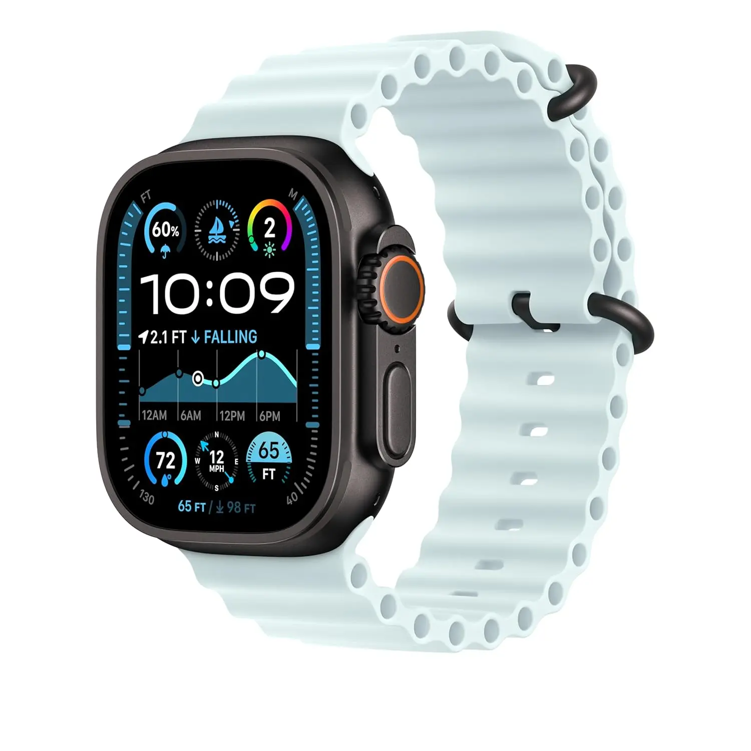 This ice blue Apple Watch band is made of high-performance fluoroelastomer with compression-molded perforations for breathability and features an innovative pin-and-tuck closure for a clean fit on the 49mm Apple Watch.