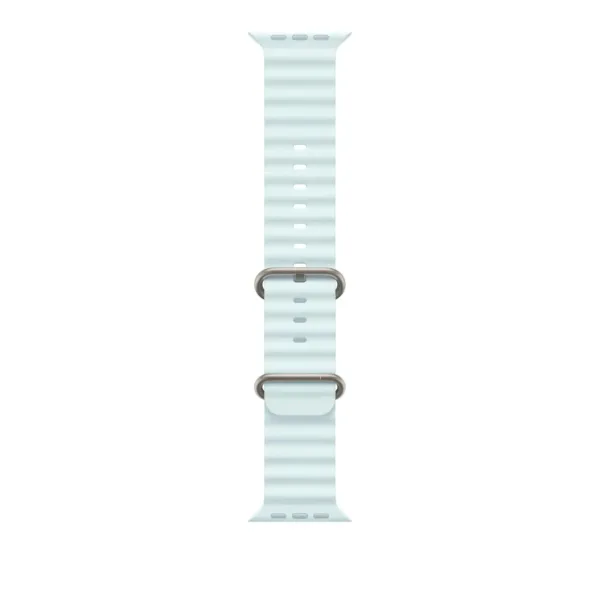 This is a soft, lightweight ice blue Apple Watch Sport Loop band for the 49mm watch, featuring a hook-and-loop fastener for easy adjustment and a double-layer nylon weave for comfort and durability.