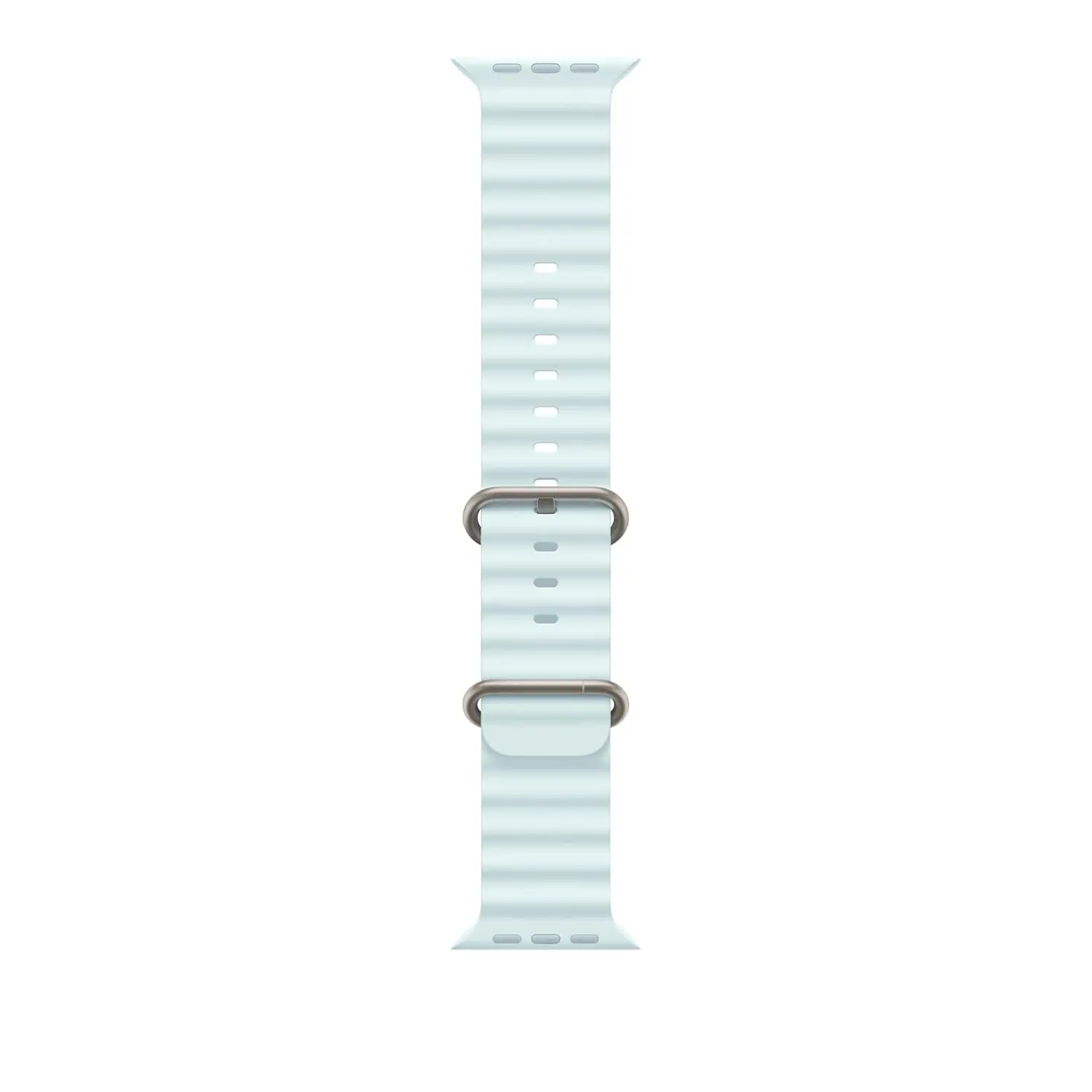 This is a soft, lightweight ice blue Apple Watch Sport Loop band for the 49mm watch, featuring a hook-and-loop fastener for easy adjustment and a double-layer nylon weave for comfort and durability.