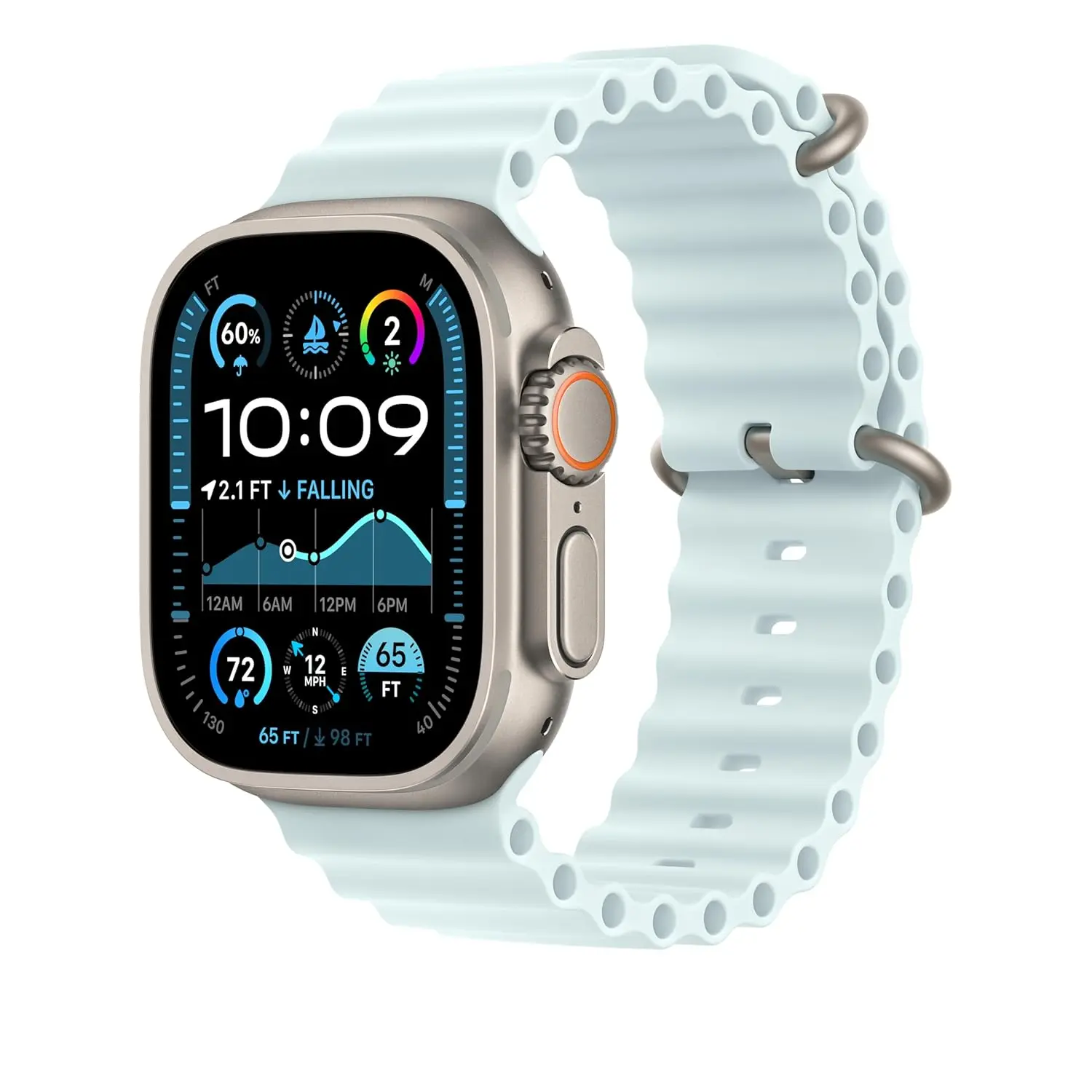 This is a soft, lightweight ice blue Apple Watch Sport Loop band for the 49mm watch, featuring a hook-and-loop fastener for easy adjustment and a double-layer nylon weave for comfort and durability.