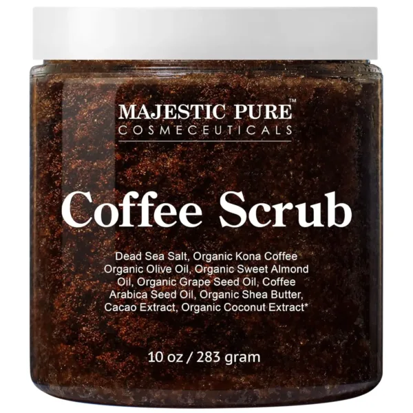 This all-natural Arabica coffee scrub by Majestic Pure helps reduce the appearance of cellulite, stretch marks, acne, spider veins, eczema, and age spots, while also moisturizing and exfoliating the skin with coconut oil, shea butter, cocoa butter, and Dead Sea salt.