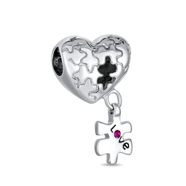 This is a sterling silver heart charm with a puzzle piece design to raise autism awareness, featuring a dangling 'love' puzzle piece and fitting European style bead bracelets.