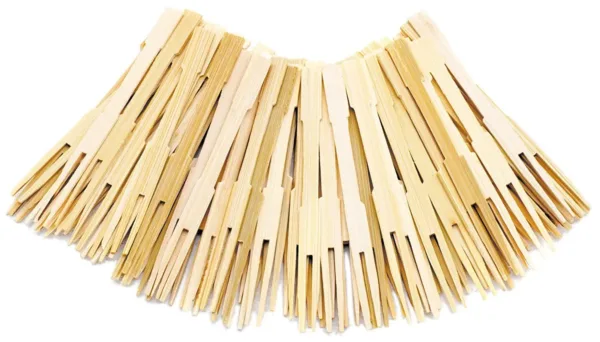 This is a set of 100 eco-friendly, 3.5 inch bamboo mini forks, perfect for serving appetizers, cocktails, and hors d'oeuvres at parties and catering events.