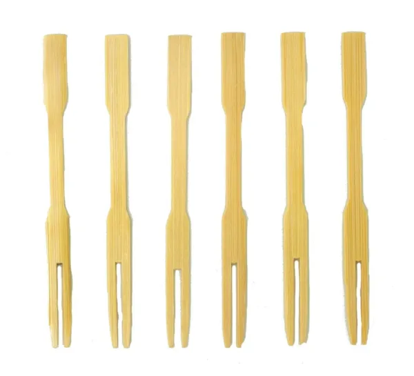This is a set of 100 eco-friendly, 3.5 inch bamboo mini forks, perfect for serving appetizers, cocktails, and hors d'oeuvres at parties and catering events.