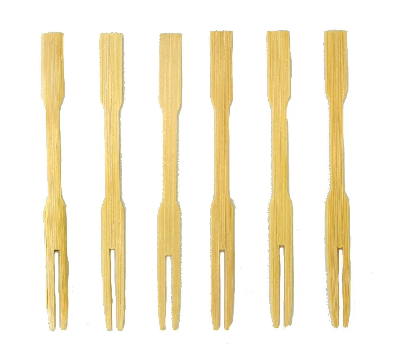 This is a set of 100 eco-friendly, 3.5 inch bamboo mini forks, perfect for serving appetizers, cocktails, and hors d