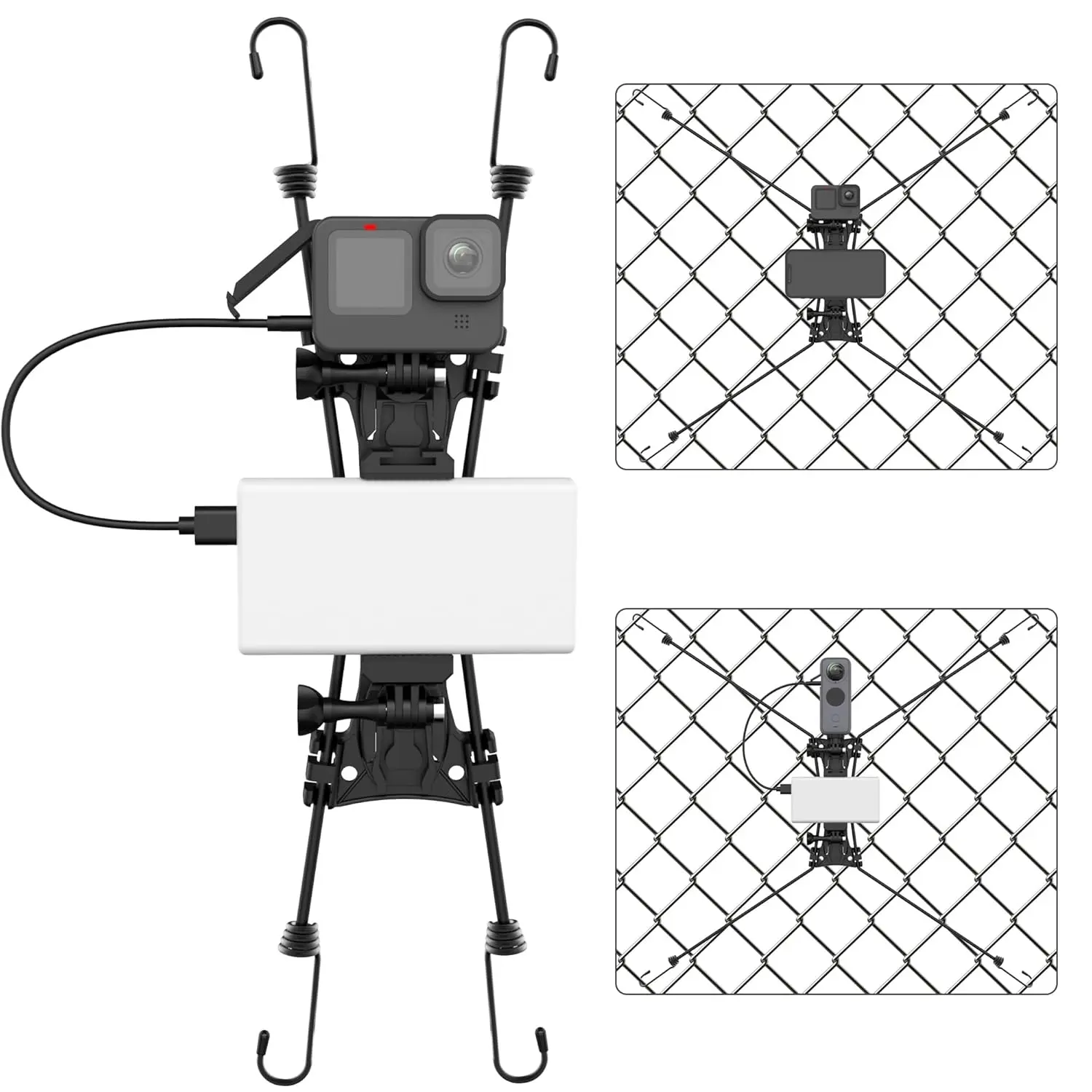 This baseball fence mount securely holds your iPhone or Android phone, GoPro, or Mevo Start, allowing you to record your baseball or softball games while conveniently charging your device.