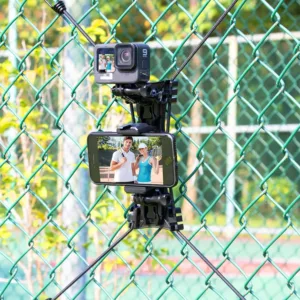 This baseball fence mount securely holds your iPhone or Android phone, GoPro, or Mevo Start, allowing you to record your baseball or softball games while conveniently charging your device.