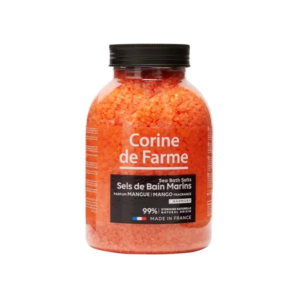 Corine de Farme Mango bath salts offer a relaxing bath experience, dissolving quickly to soften skin and promote well-being with their delicate mango scent and antiseptic properties.