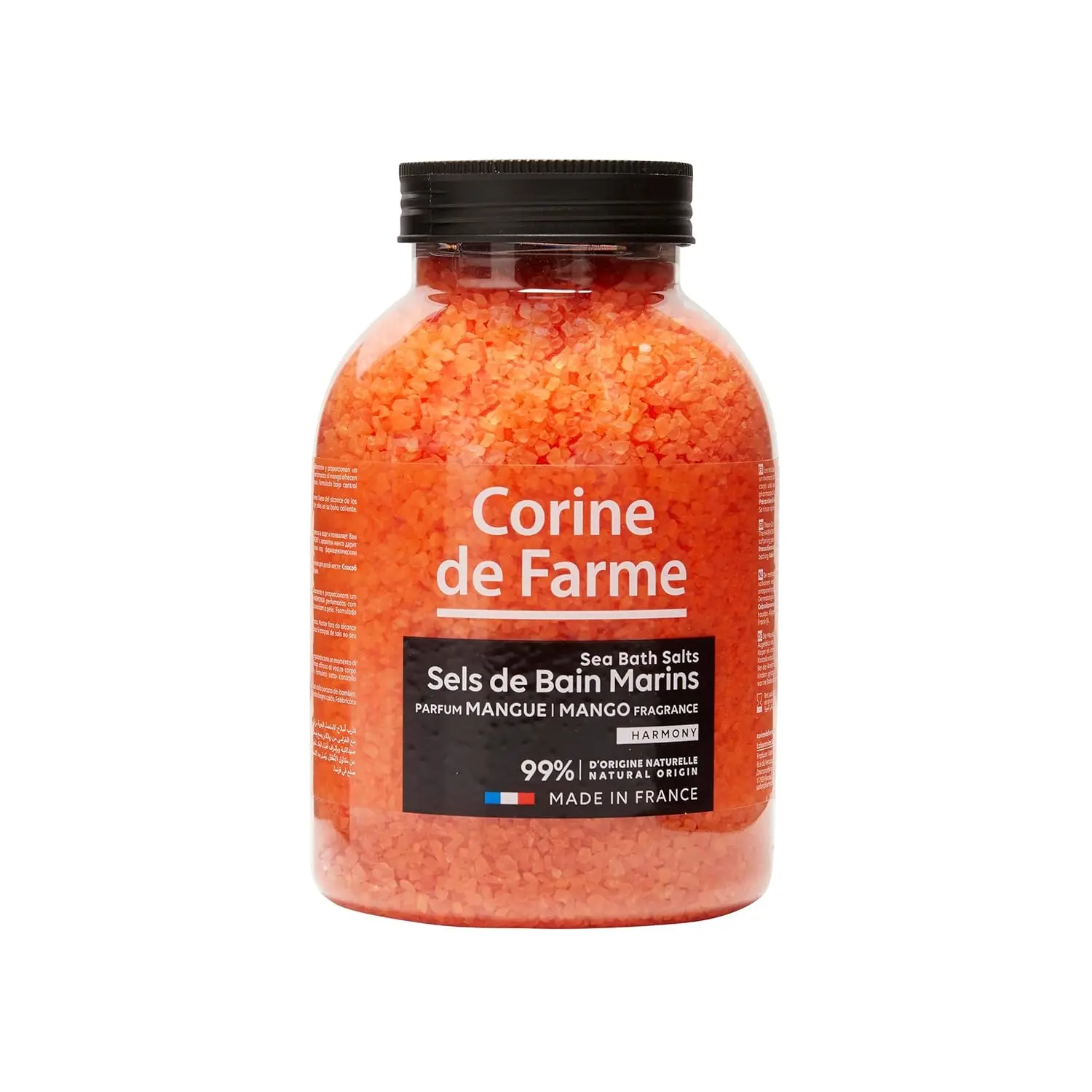 Corine de Farme Mango bath salts offer a relaxing bath experience, dissolving quickly to soften skin and promote well-being with their delicate mango scent and antiseptic properties.