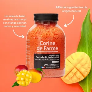 Corine de Farme Mango bath salts offer a relaxing bath experience, dissolving quickly to soften skin and promote well-being with their delicate mango scent and antiseptic properties.