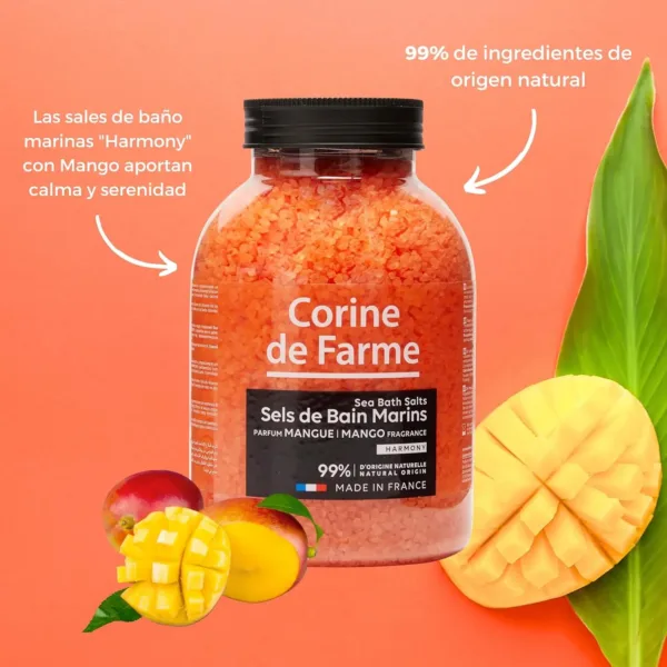 Corine de Farme Mango bath salts offer a relaxing bath experience, dissolving quickly to soften skin and promote well-being with their delicate mango scent and antiseptic properties.