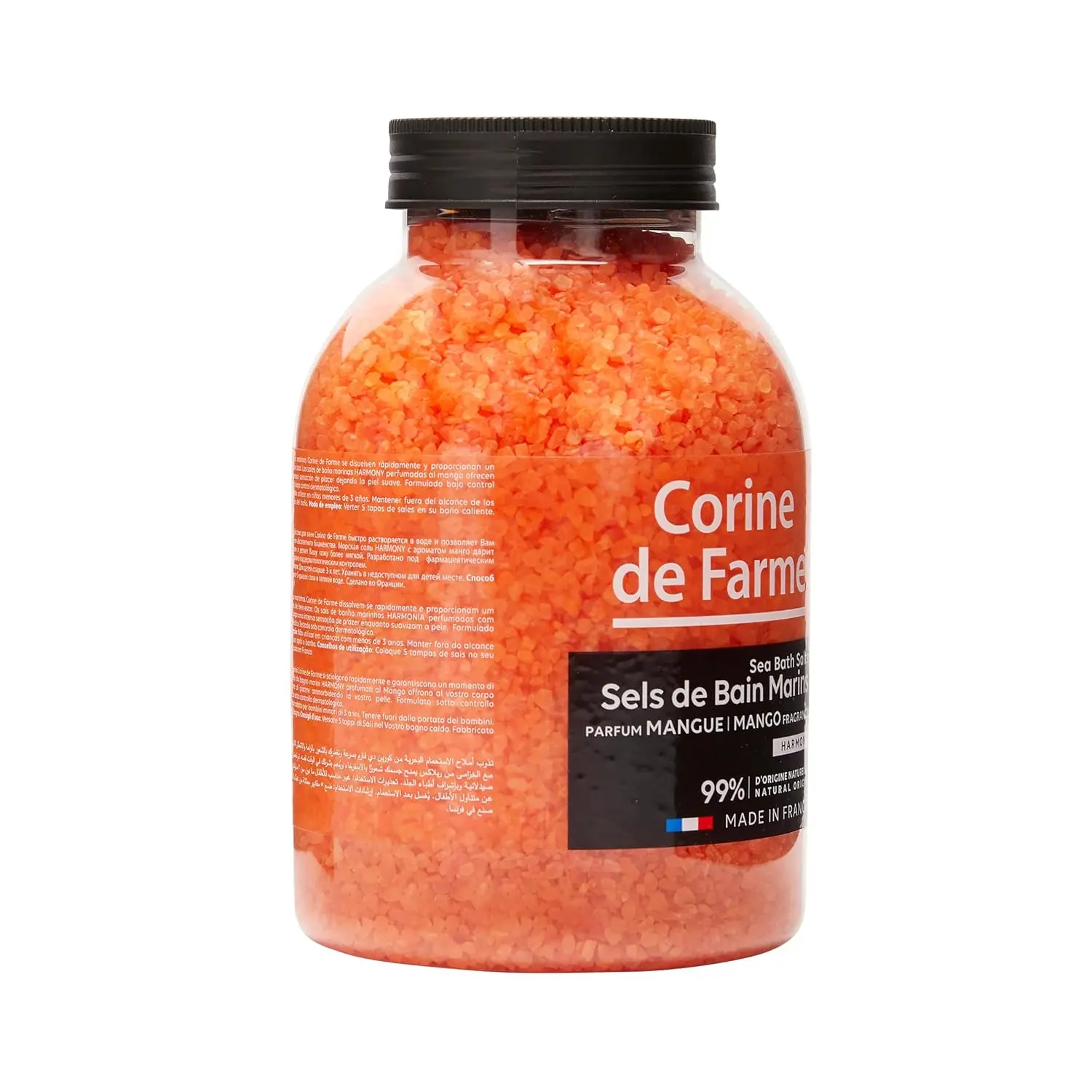 Corine de Farme Mango bath salts offer a relaxing bath experience, dissolving quickly to soften skin and promote well-being with their delicate mango scent and antiseptic properties.