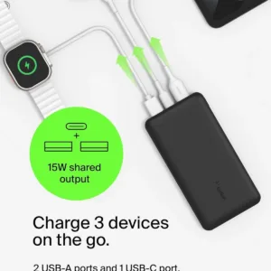 This Belkin USB C portable charger has a 20000mAh power bank with dual USB A ports, a type-C input/output port, and provides up to 78 hours of additional battery life for your devices.