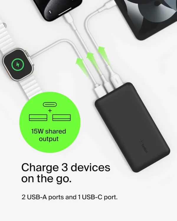 This Belkin USB C portable charger has a 20000mAh power bank with dual USB A ports, a type-C input/output port, and provides up to 78 hours of additional battery life for your devices.