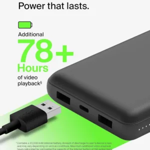 This Belkin USB C portable charger has a 20000mAh power bank with dual USB A ports, a type-C input/output port, and provides up to 78 hours of additional battery life for your devices.