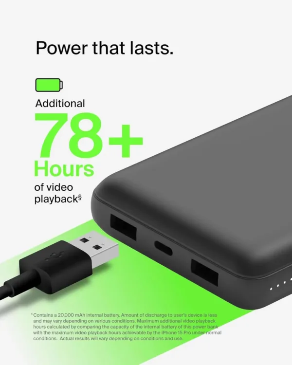This Belkin USB C portable charger has a 20000mAh power bank with dual USB A ports, a type-C input/output port, and provides up to 78 hours of additional battery life for your devices.