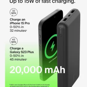 This Belkin USB C portable charger has a 20000mAh power bank with dual USB A ports, a type-C input/output port, and provides up to 78 hours of additional battery life for your devices.