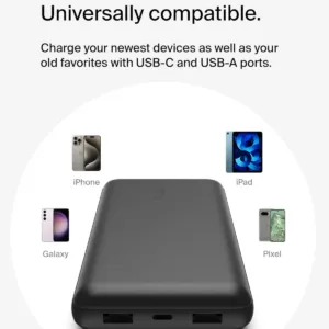 This Belkin USB C portable charger has a 20000mAh power bank with dual USB A ports, a type-C input/output port, and provides up to 78 hours of additional battery life for your devices.