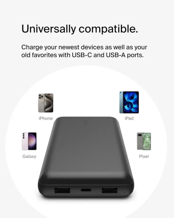 This Belkin USB C portable charger has a 20000mAh power bank with dual USB A ports, a type-C input/output port, and provides up to 78 hours of additional battery life for your devices.