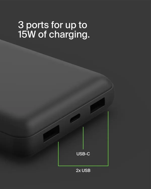This Belkin USB C portable charger has a 20000mAh power bank with dual USB A ports, a type-C input/output port, and provides up to 78 hours of additional battery life for your devices.