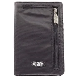 This is a Big Skinny plus size women's bi-fold wallet with a zippered coin compartment, extra wide card pockets, large billfold pockets, a wrist strap, and a magnetic clasp closure, capable of holding up to 20 cards.