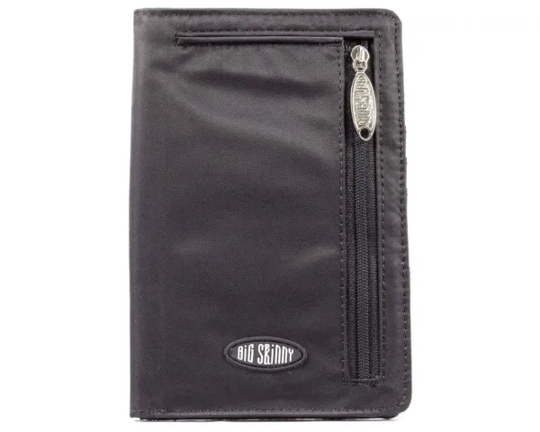 This is a Big Skinny plus size women's bi-fold wallet with a zippered coin compartment, extra wide card pockets, large billfold pockets, a wrist strap, and a magnetic clasp closure, capable of holding up to 20 cards.