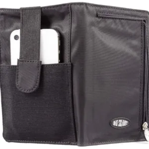 This is a Big Skinny plus size women's bi-fold wallet with a zippered coin compartment, extra wide card pockets, large billfold pockets, a wrist strap, and a magnetic clasp closure, capable of holding up to 20 cards.