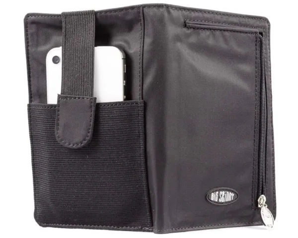 This is a Big Skinny plus size women's bi-fold wallet with a zippered coin compartment, extra wide card pockets, large billfold pockets, a wrist strap, and a magnetic clasp closure, capable of holding up to 20 cards.