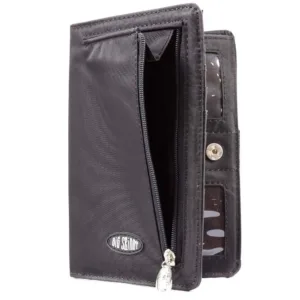 This is a Big Skinny plus size women's bi-fold wallet with a zippered coin compartment, extra wide card pockets, large billfold pockets, a wrist strap, and a magnetic clasp closure, capable of holding up to 20 cards.