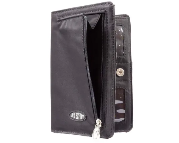 This is a Big Skinny plus size women's bi-fold wallet with a zippered coin compartment, extra wide card pockets, large billfold pockets, a wrist strap, and a magnetic clasp closure, capable of holding up to 20 cards.
