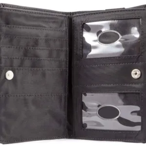 This is a Big Skinny plus size women's bi-fold wallet with a zippered coin compartment, extra wide card pockets, large billfold pockets, a wrist strap, and a magnetic clasp closure, capable of holding up to 20 cards.