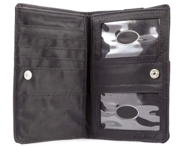 This is a Big Skinny plus size women's bi-fold wallet with a zippered coin compartment, extra wide card pockets, large billfold pockets, a wrist strap, and a magnetic clasp closure, capable of holding up to 20 cards.