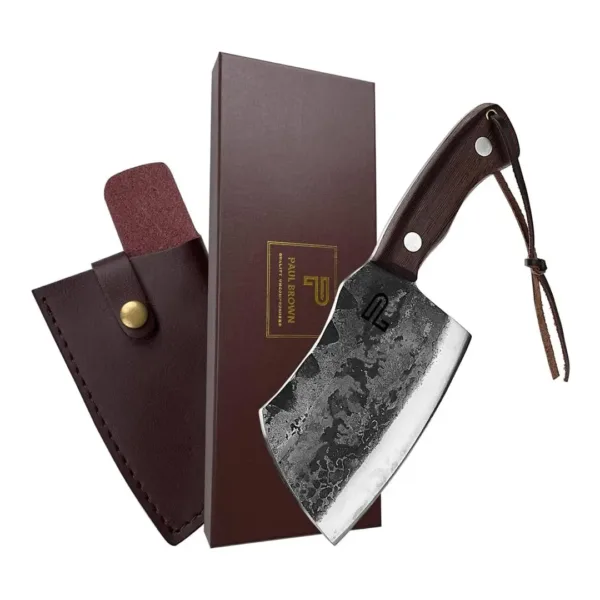 This is a handcrafted 6-inch high carbon steel boning knife with a leather sheath, featuring a curved wooden handle, ideal for butchering, camping, and various kitchen tasks.