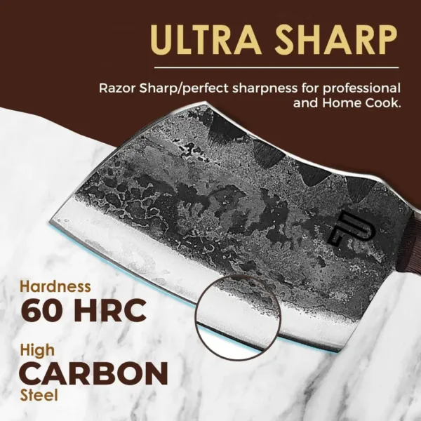 This is a handcrafted 6-inch high carbon steel boning knife with a leather sheath, featuring a curved wooden handle, ideal for butchering, camping, and various kitchen tasks.