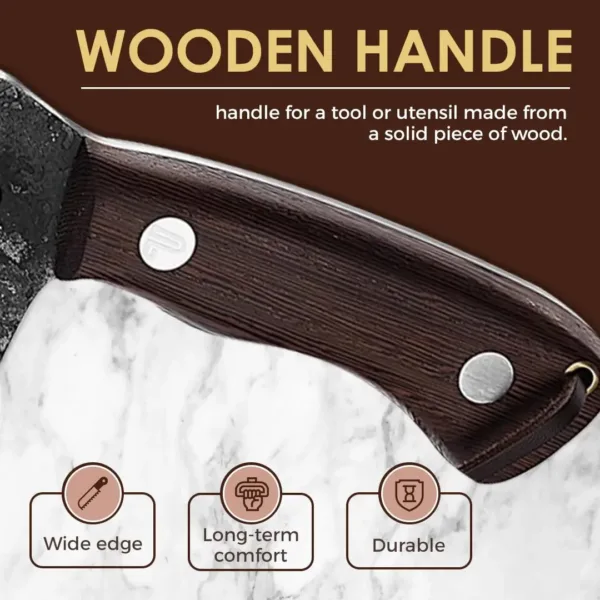 This is a handcrafted 6-inch high carbon steel boning knife with a leather sheath, featuring a curved wooden handle, ideal for butchering, camping, and various kitchen tasks.