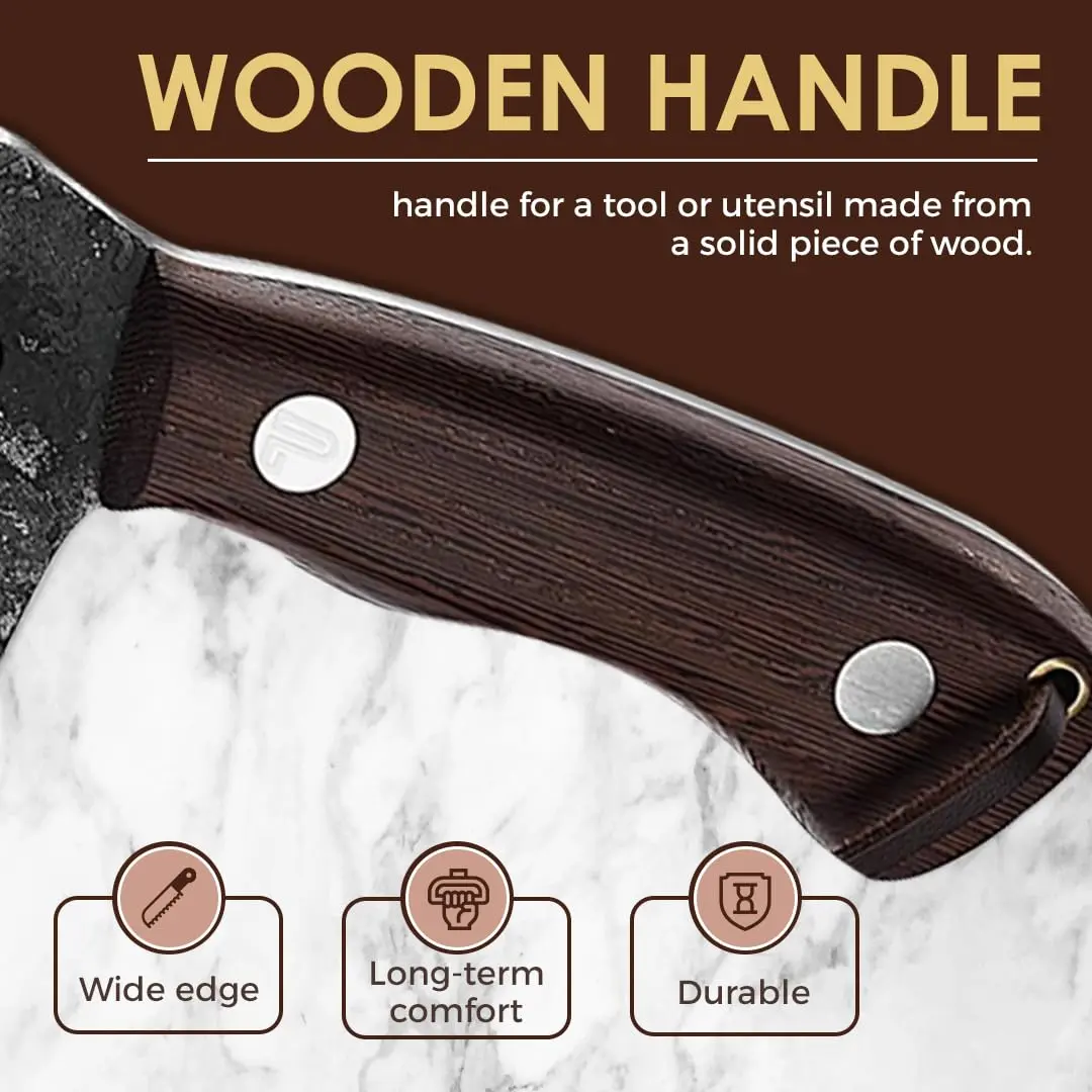 This is a handcrafted 6-inch high carbon steel boning knife with a leather sheath, featuring a curved wooden handle, ideal for butchering, camping, and various kitchen tasks.